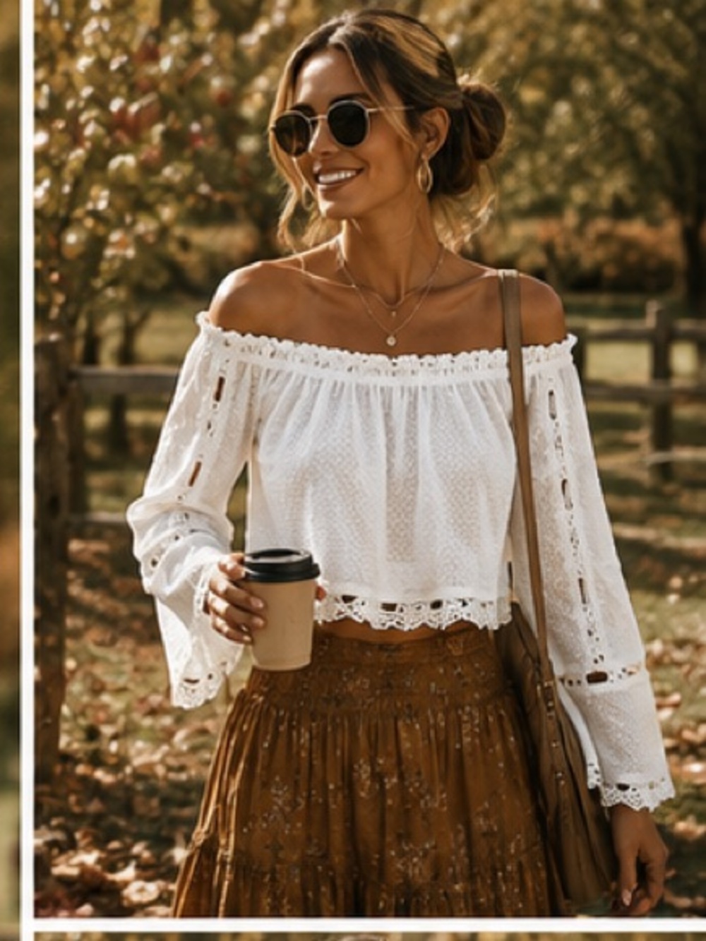 NWT Anthro Pol, White Eyelet Off Shoulder Boho Bell Sleeve Crop Top, EUC, Size L - Picture 3 of 7